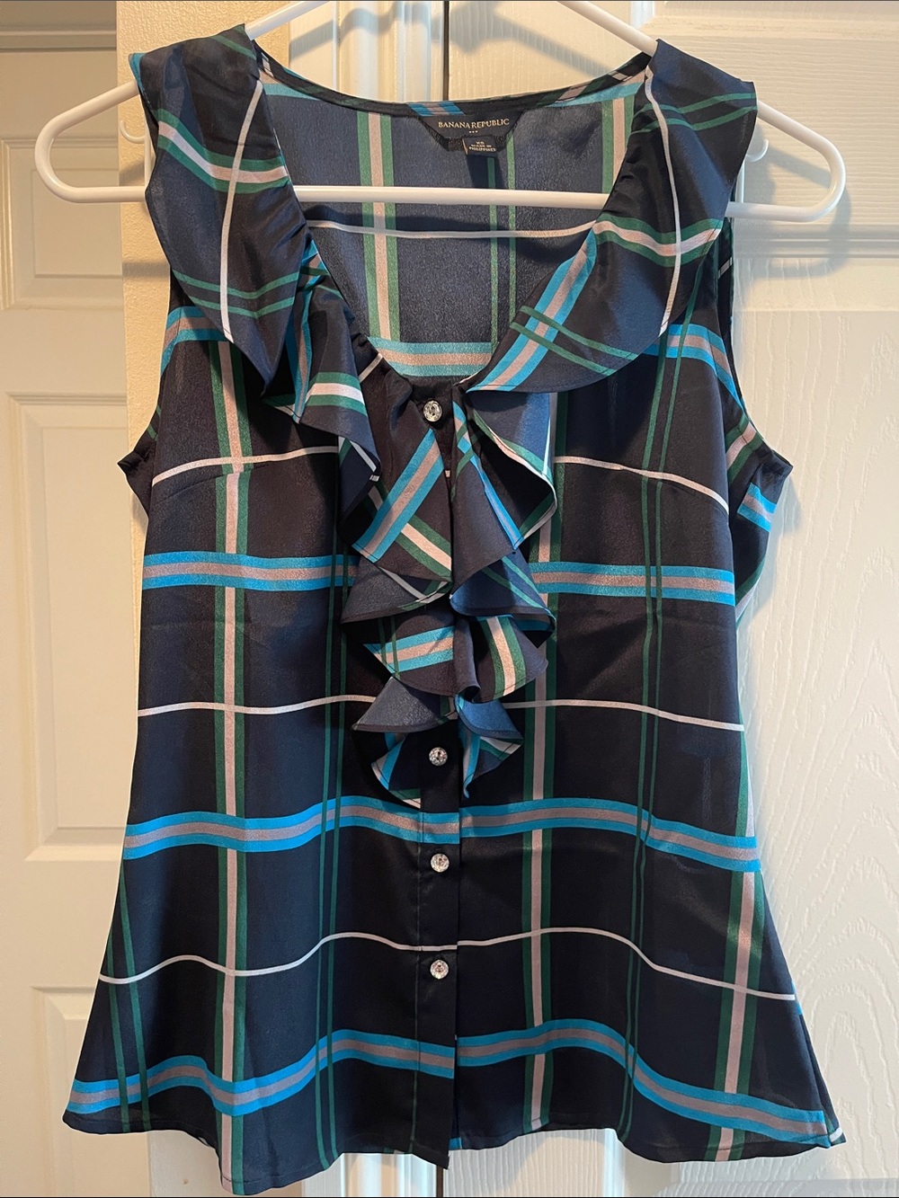 Banana Republic Navy Plaid Ruffle Button-Front Sleeveless Blouse